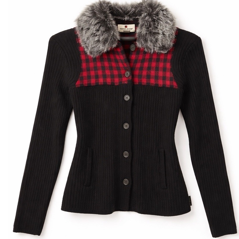 Woolrich Womens Lambswool Buffalo‎ Plaid Faux Fur collar Ribbed Knit Sweater Sm
